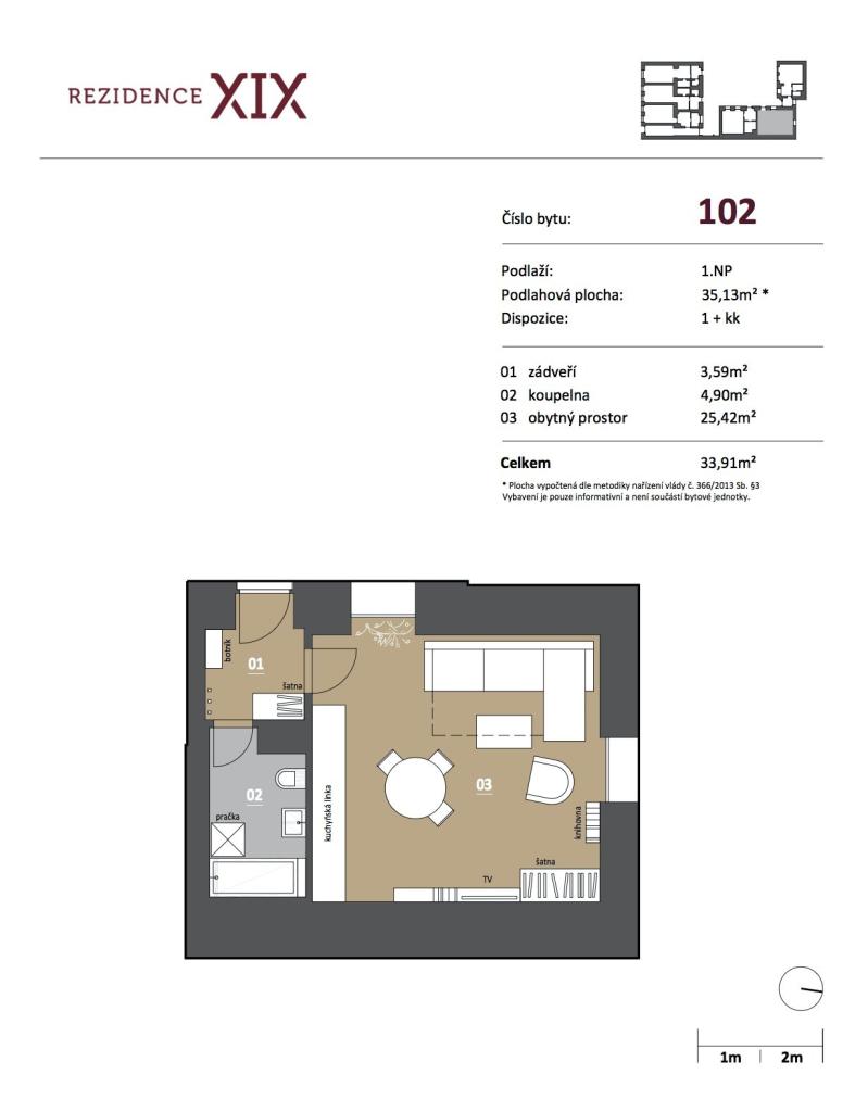 Pronájem bytu 1+kk 34 m2