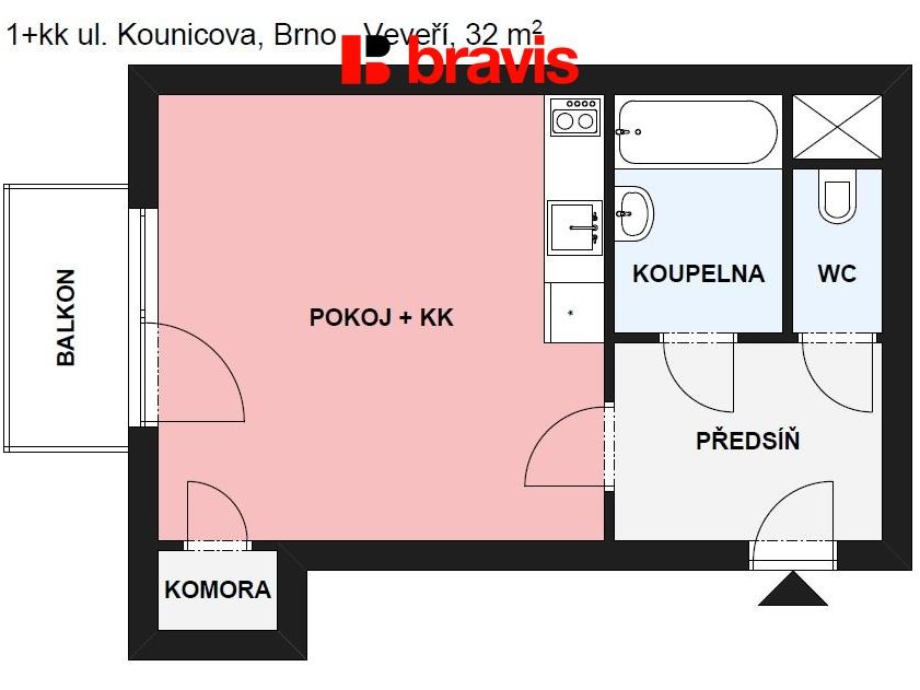 Pronájem bytu 1+kk 32 m2