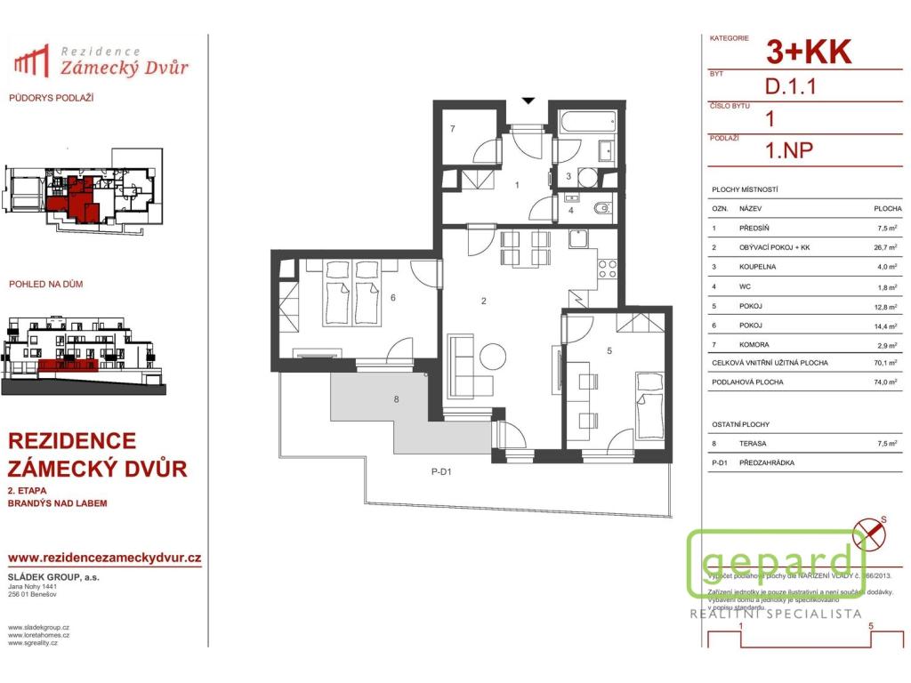 Pronájem bytu 3+kk 74 m2