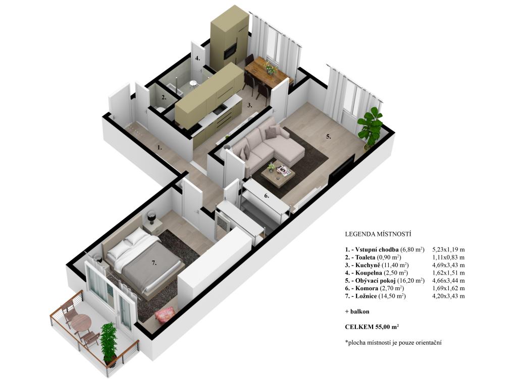 Pronajem bytu 2+1 55 m2