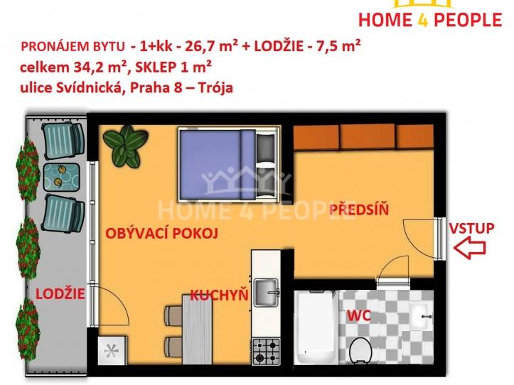 Pronájem bytu 1+kk 34 m2
